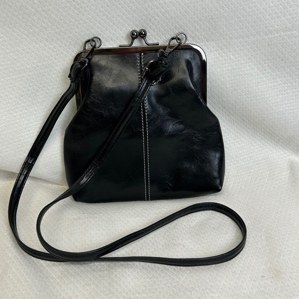 Black Faux Leather Kiss Lock Frame Crossbody Bag with 2 Detachable Straps